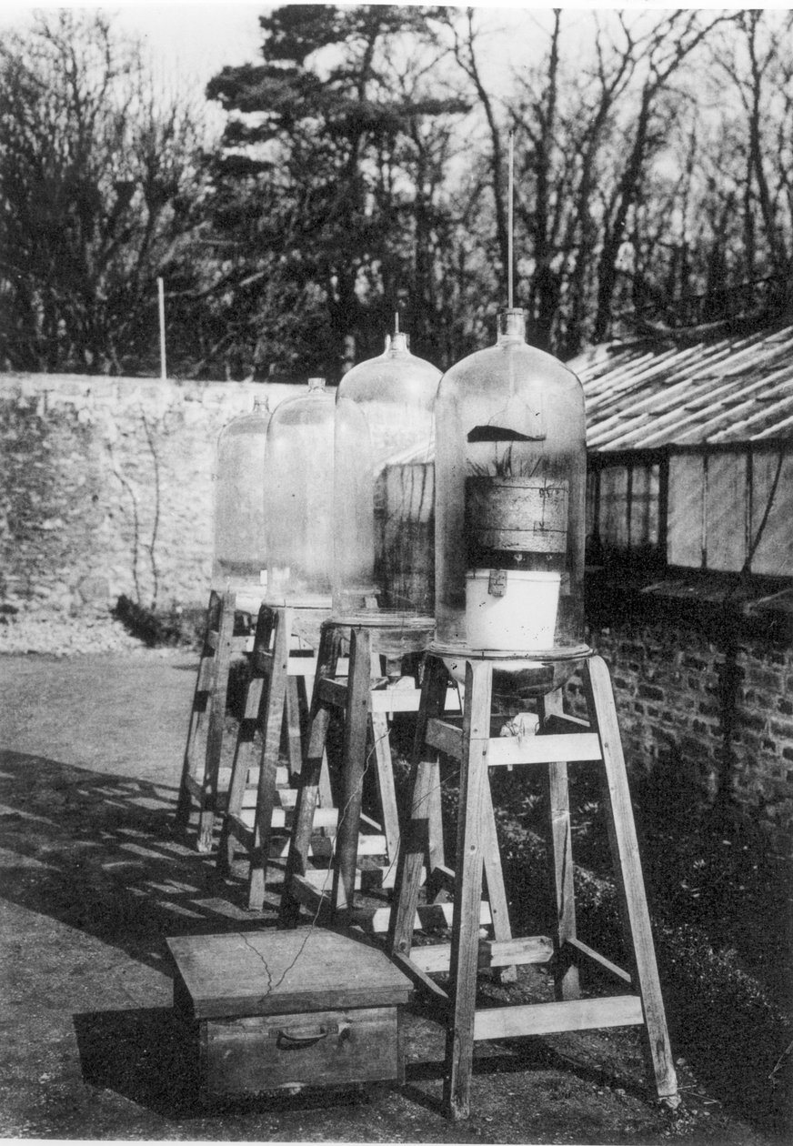 Bell jars used to study atmospheric nitrogen under the influence of electricity at the Station Marcellin Bertholet, Meudon, from a book on 400 years of the College de France, published in 1930 by French Photographer