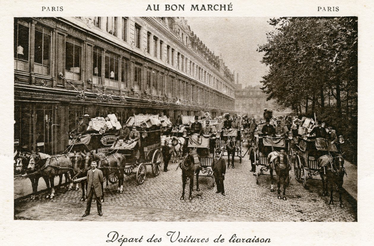 Departure of Delivery Vans from the Bon Marché Department Stores, Paris, c.1890 by French Photographer