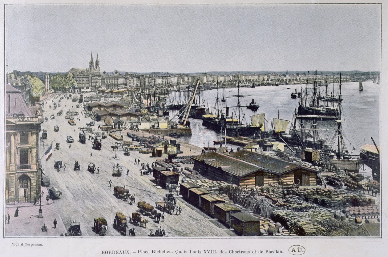 View of Bordeaux harbour with Place Richelieu and the Quais Louis XVIII, des Chartrons and de Bacalan, late nineteenth century by French Photographer