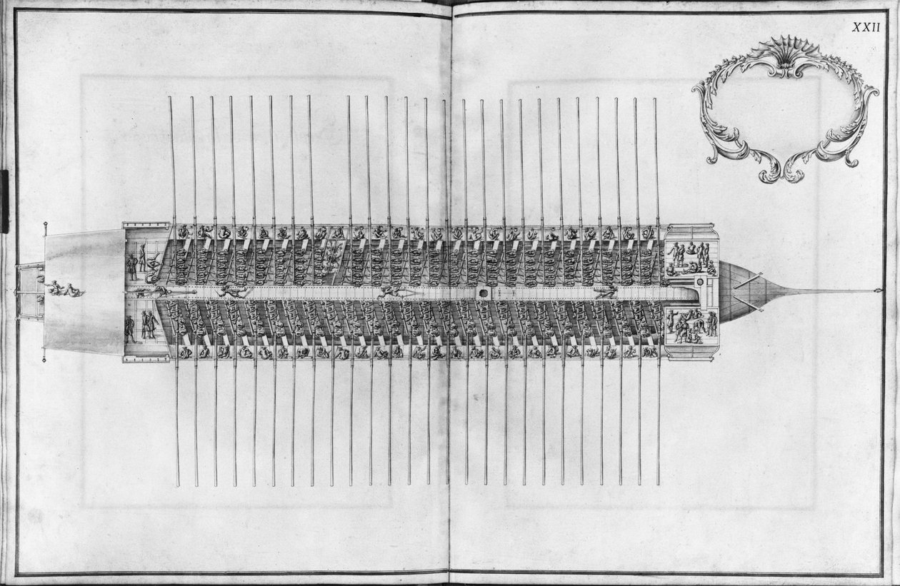 Building, Equipping and Launching of a Galley, View from Above of a Galley, Plate XXII by French School