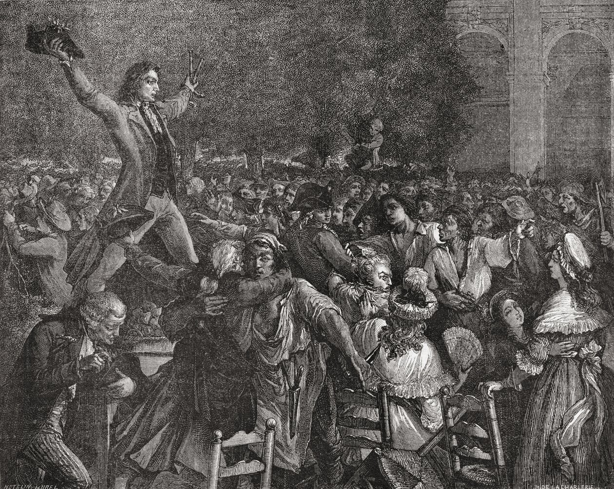 Camille Desmoulins speaking at the Palais Royal, 12 July 1789, engraved by Pierre Gabriel Berthault by French School
