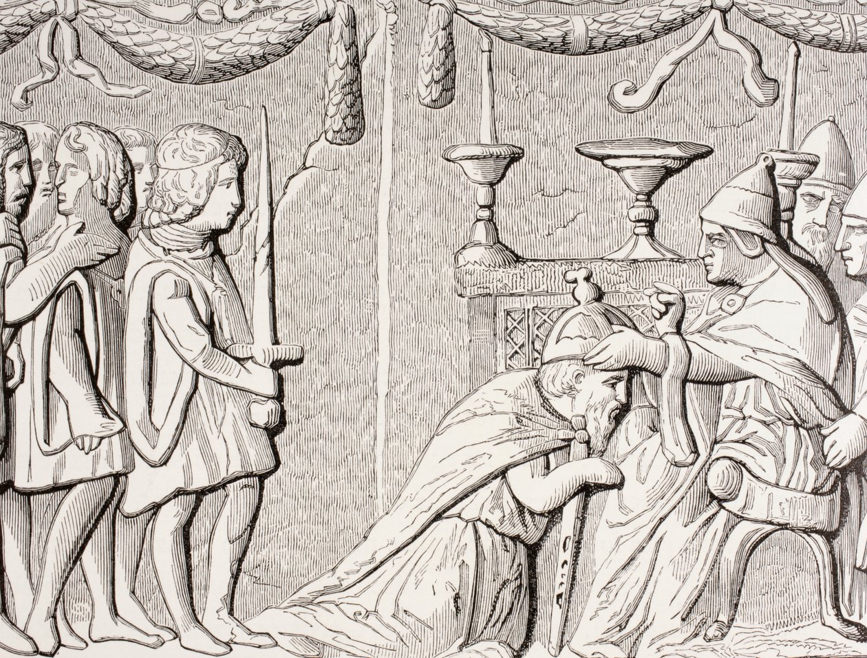 Coronation of Emperor Sigismond by Pope Eugene IV in 1433, after a bas-relief on a door of St. Peter