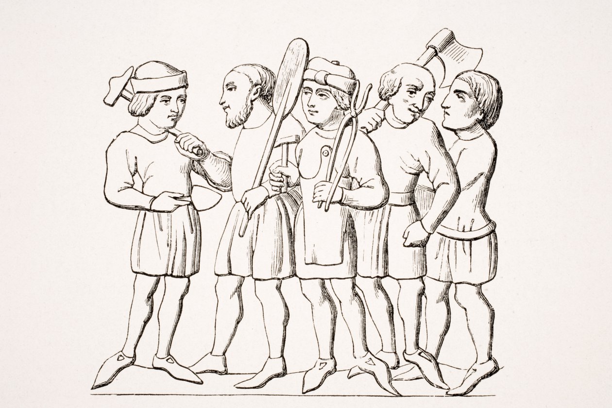 Craftsmen, reproduction of a miniature in a 14th century manuscript, from 