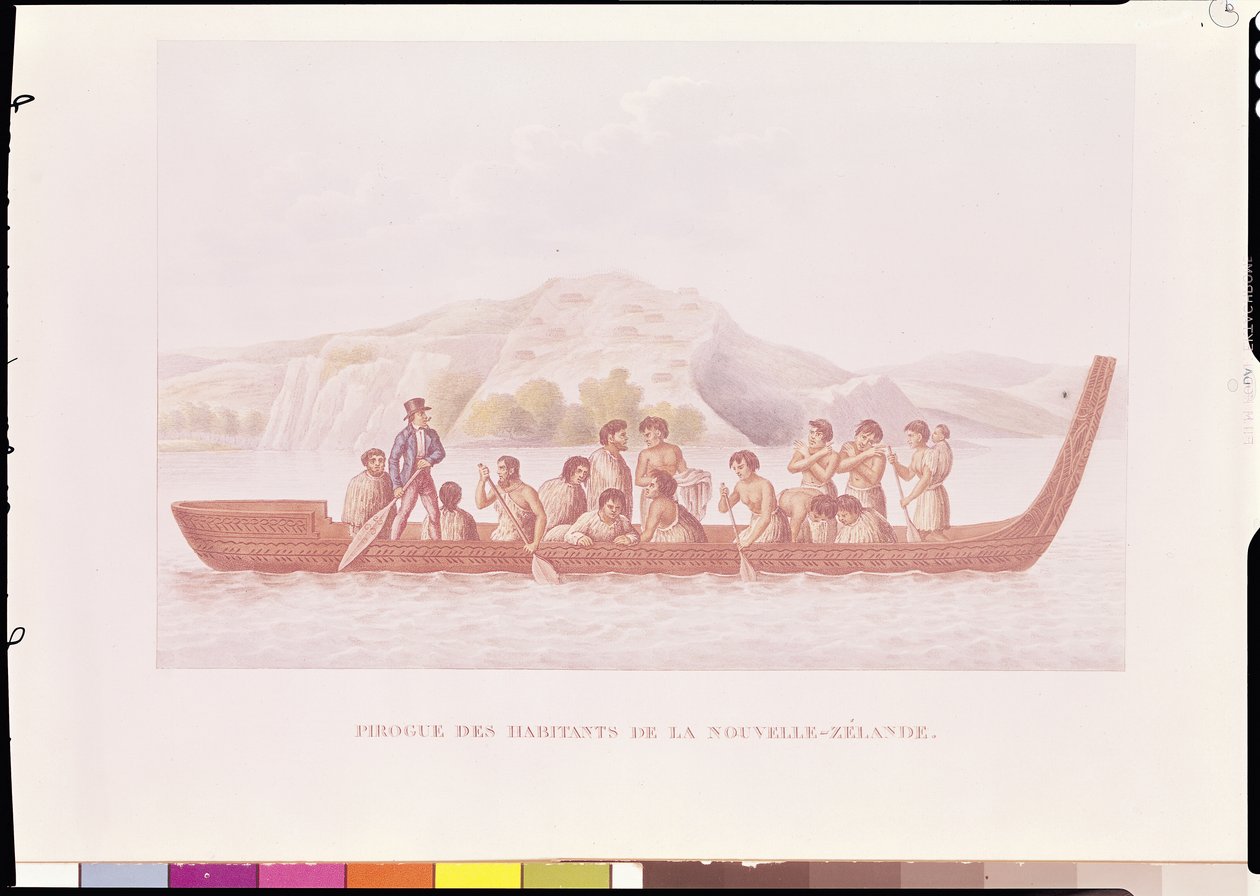 Dugout canoe piloted by natives of New Zealand, illustration from 