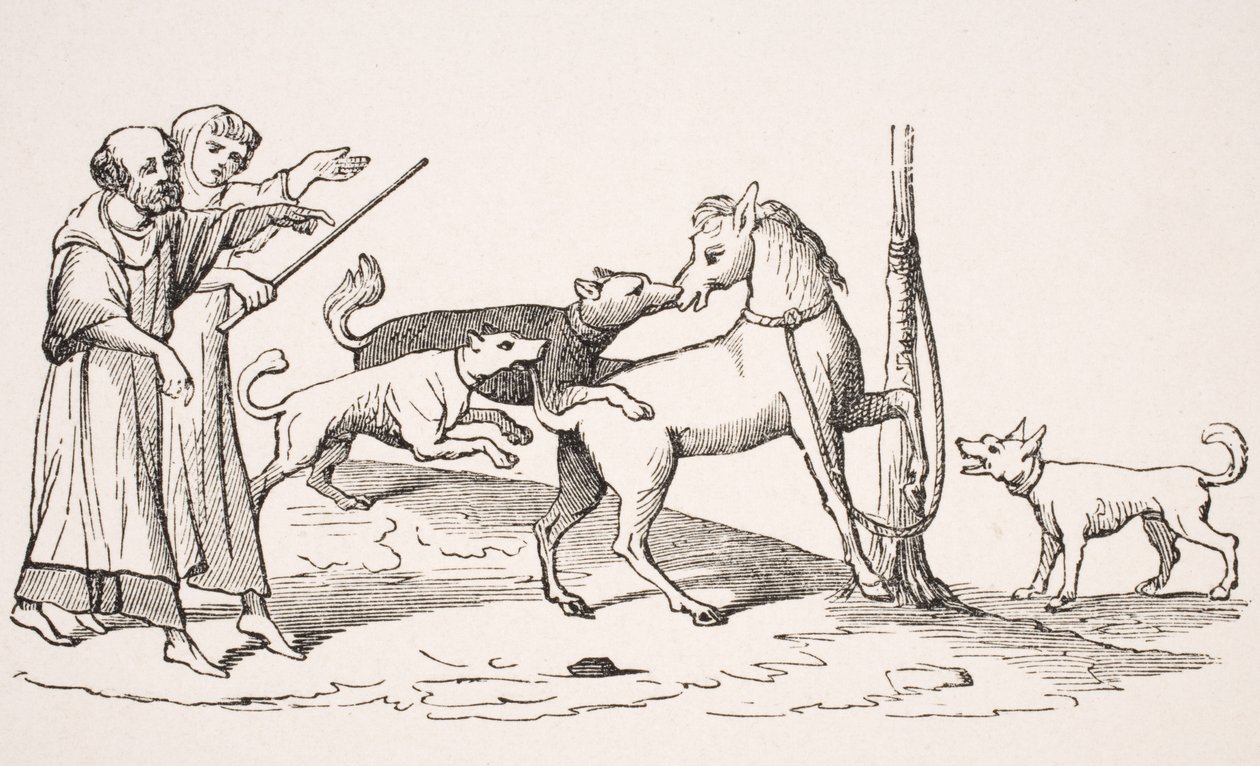 Fight between horse and dogs by French School