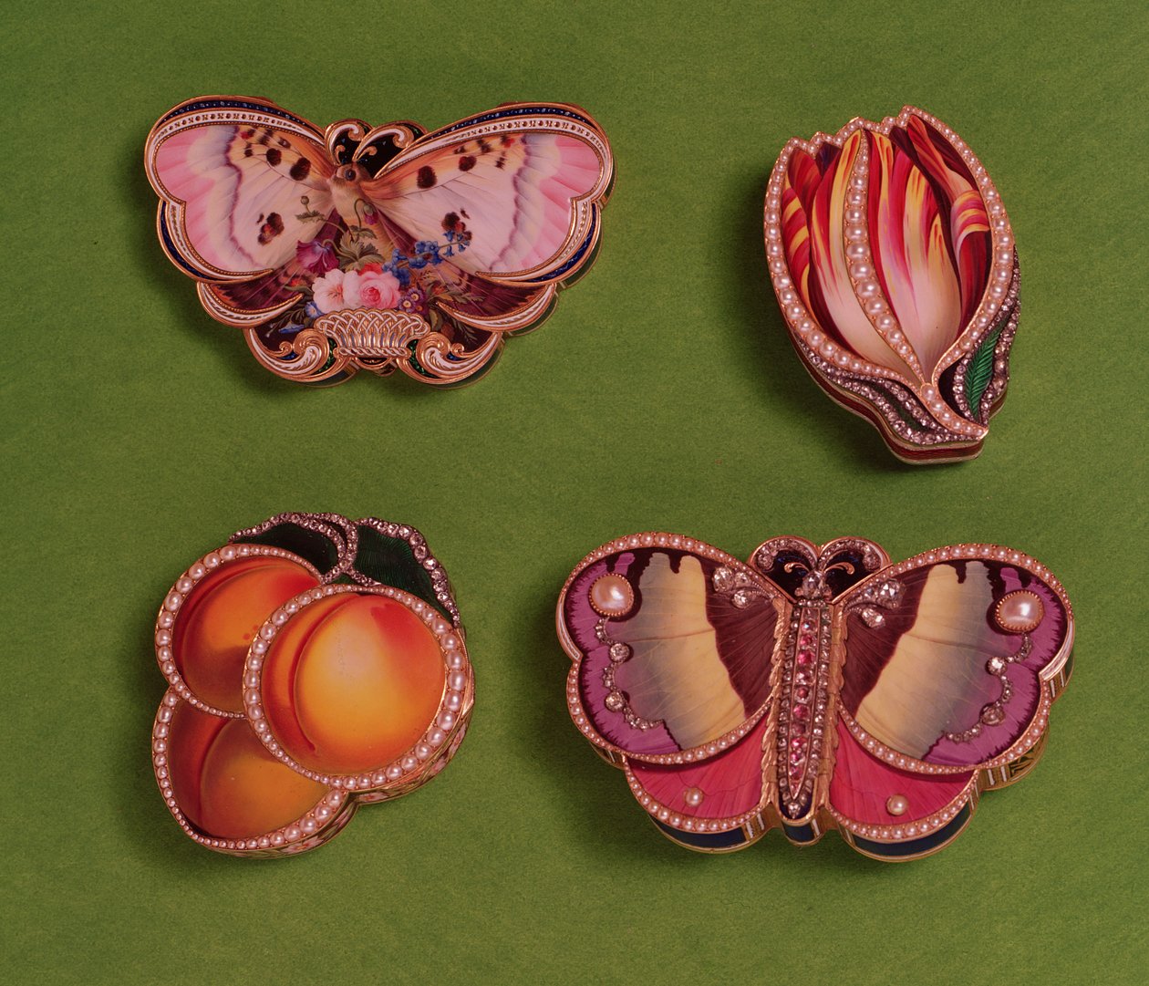 Four enamelled and jewelled boxes, butterfly, tulip and peach-shaped, mid-18th century by French School