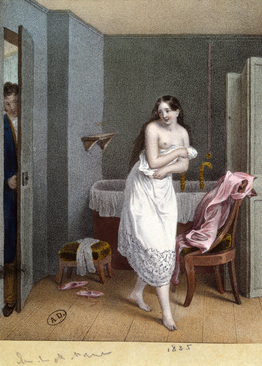 Girl in a Bathroom and Man opening the Door by French School