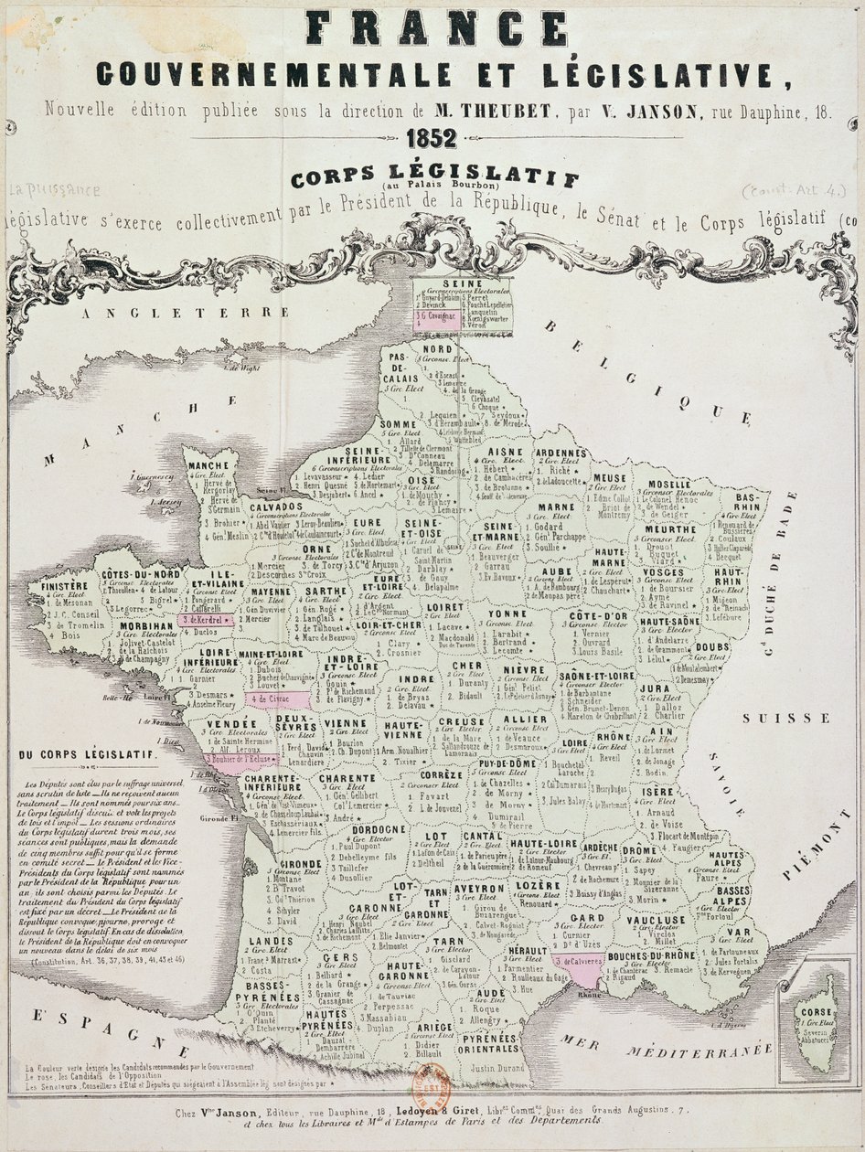 Governmental and Legislative Map of France, printed by Ledoyen and Giret, Paris by French School
