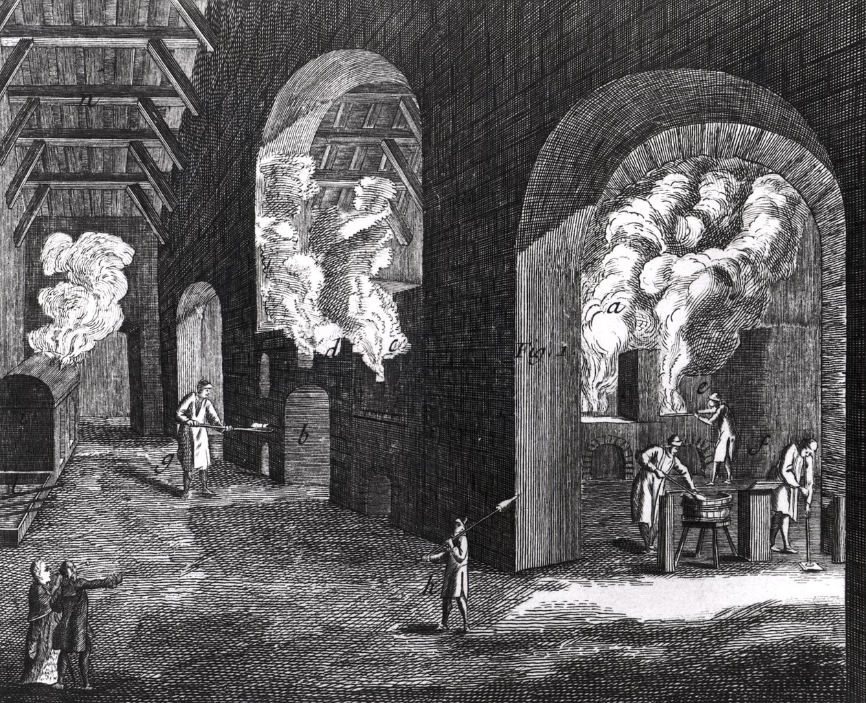 Interior of a Glass Factory by French School