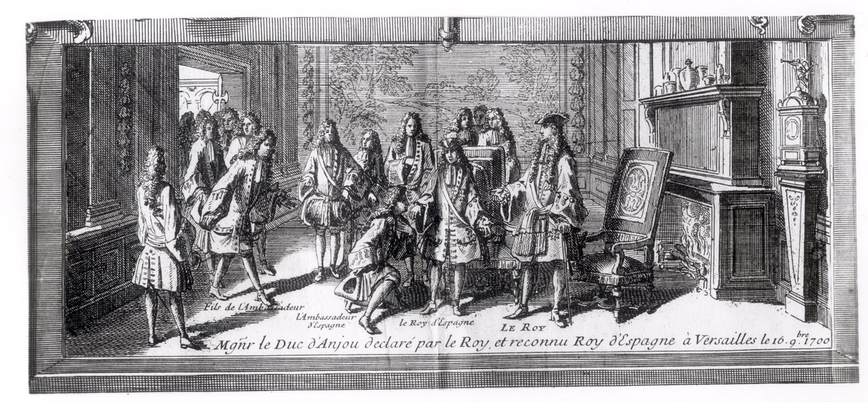Philippe de France (1683-1746) Duke of Anjou, recognised as King of Spain by Louis XIV (1638-1715) King of France, 16th September 1700, at Versailles by French School