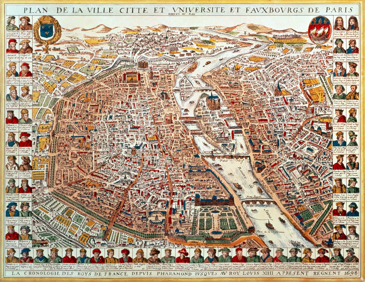 Plan of Paris, bordered by a chronological series of portraits of the kings of France from Pharamond to Louis XIV by French School