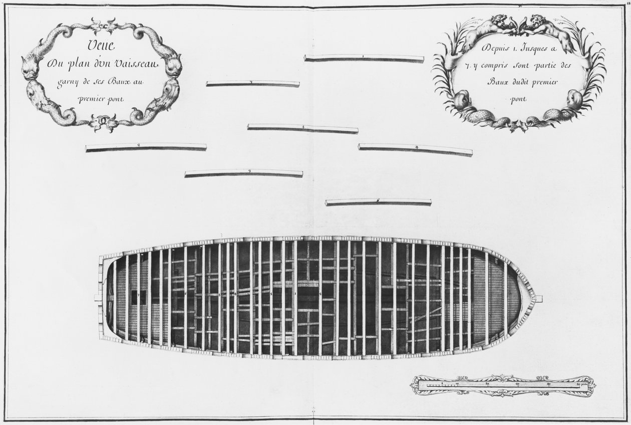 Plan of the first deck of a vessel, illustration from the 