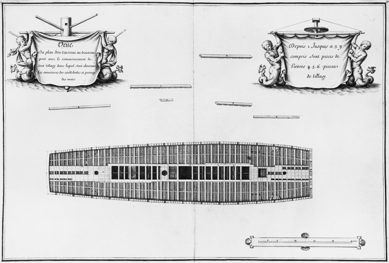 Plan of the third deck of a vessel, illustration from the Atlas de Colbert, plate 30 by French School