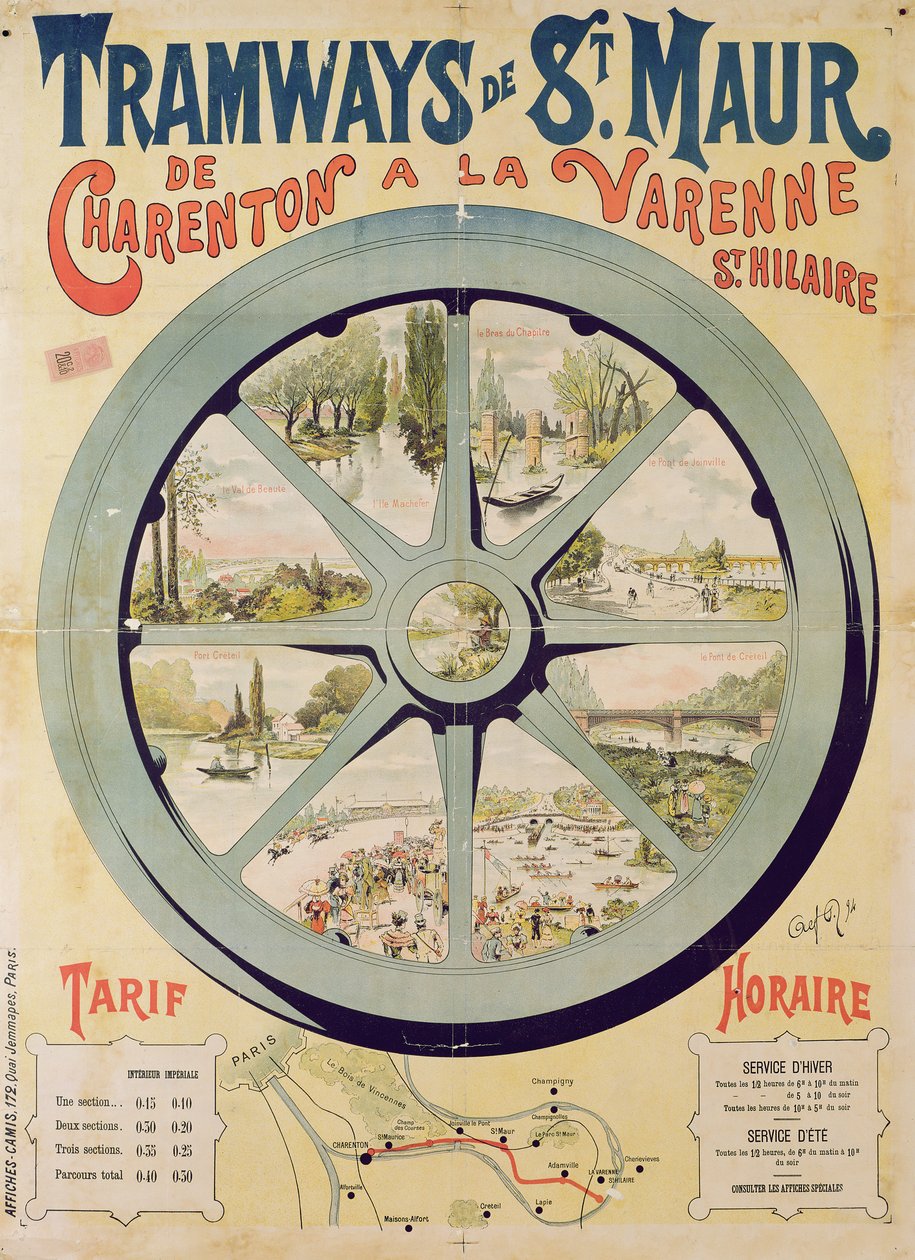 Poster advertising the Tramways de St. Maur from Charenton to La Varenne-Saint-Hilaire by French School