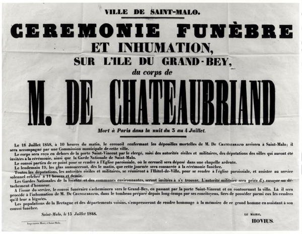 Poster for the Funeral of Francois Rene de Chateaubriand in St. Malo 18th July 1848 by French School