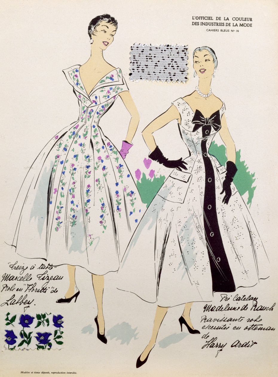 Sketches and fabric swatches, from 