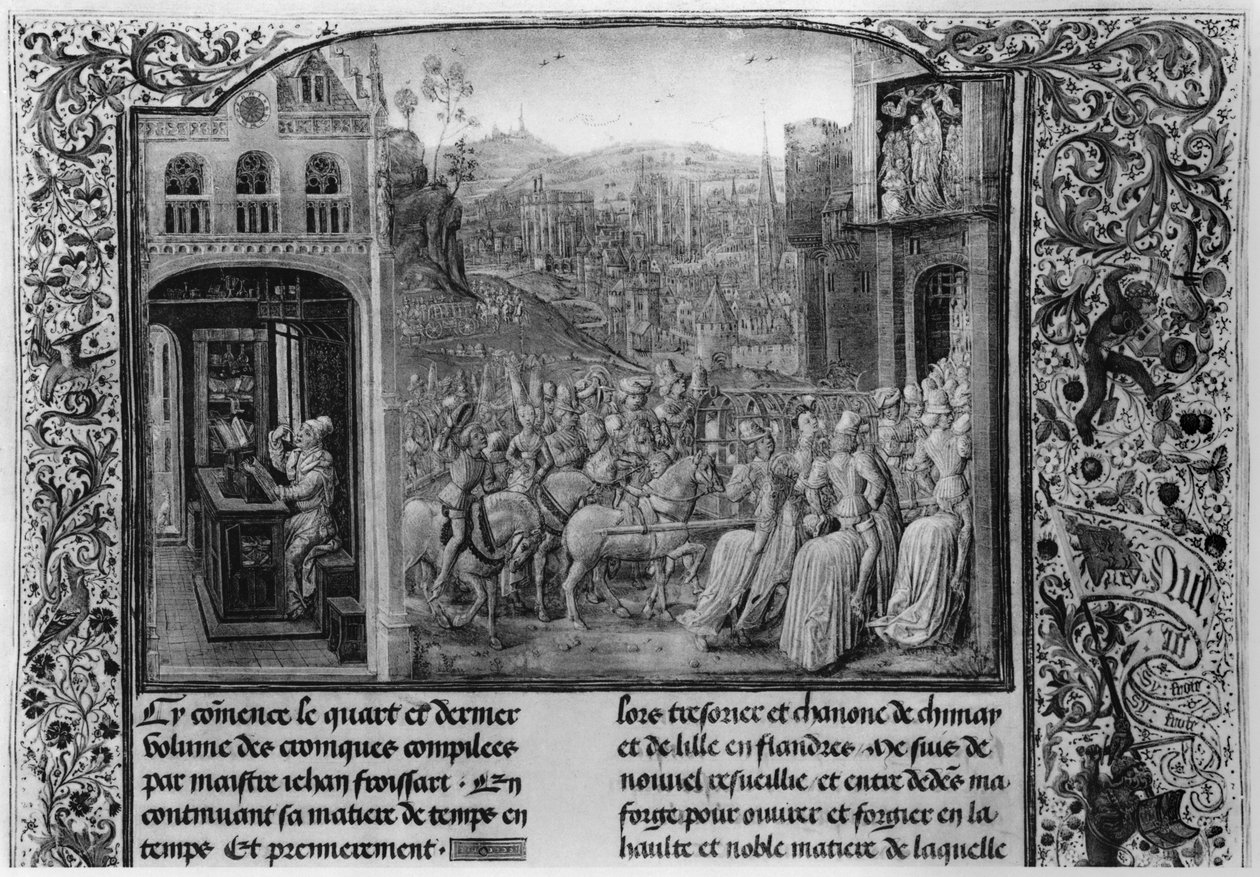 Froissart writing his chronicle, Isabella of Bavaria entering Paris in 1389, from Froissart