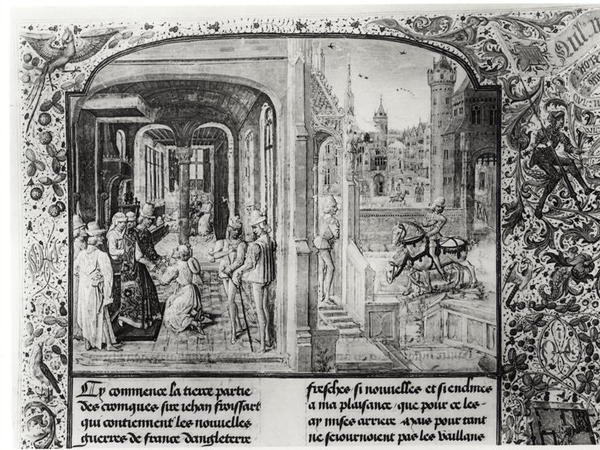 Froissart received at Orthez by Count Gaston de Foix, to whom he gives the letter from Guy de Blois, from Froissart