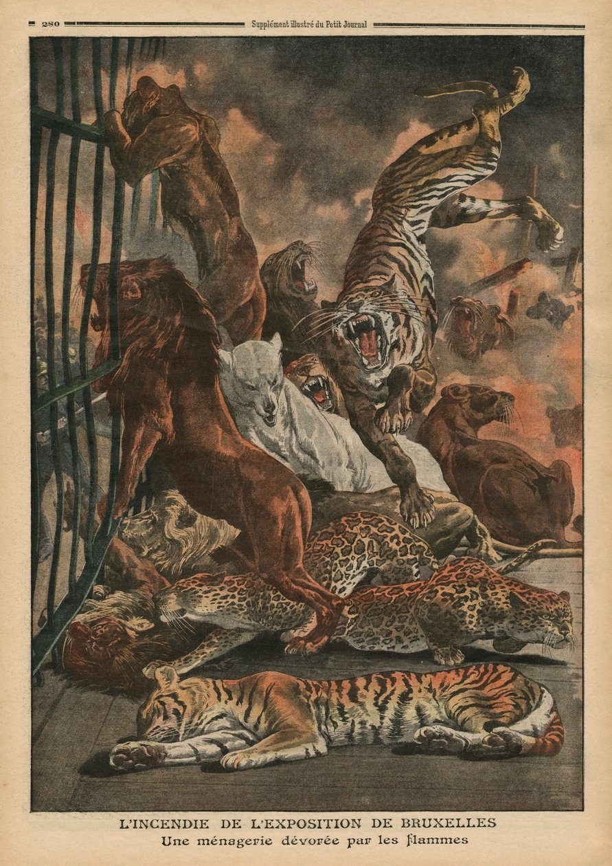 The fire at the Universal Exhibition of Brussels, a menagerie being consumed by the flames by French School