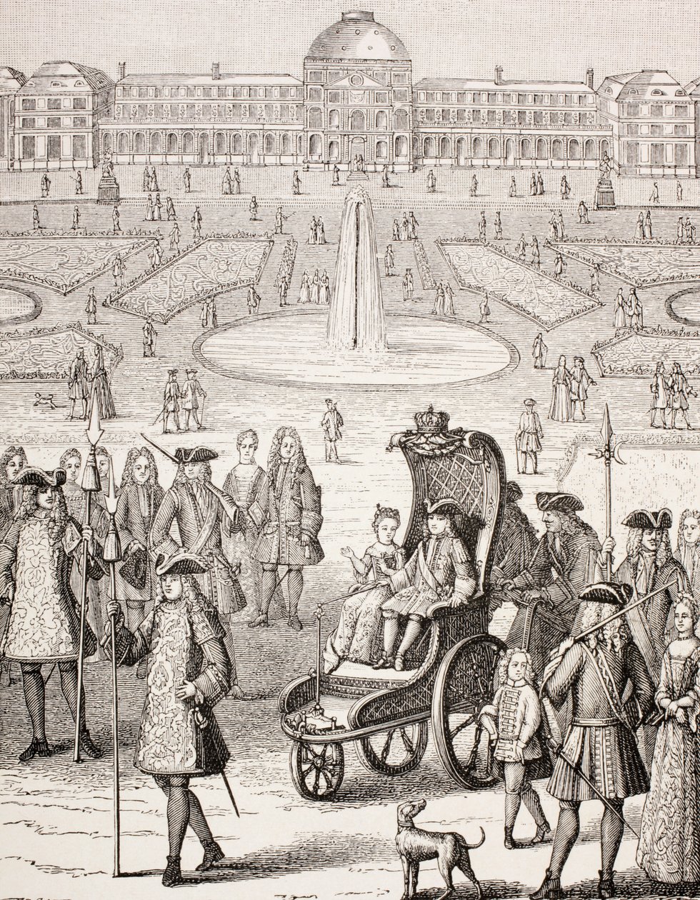 The young King Louis XV promenading in a carriage in the Tuileries Gardens, Paris, from 