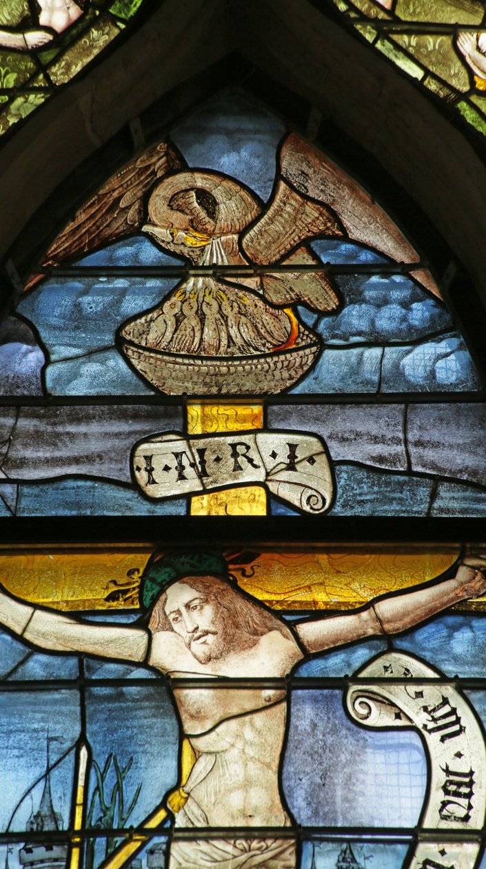 Window depicting the Pelican feeding her young, symbol of the Crucifixion (detail) by French School