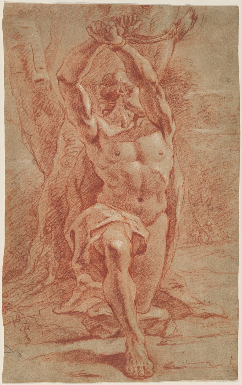 Kneeling Man Bound to a Tree by French 17th Century