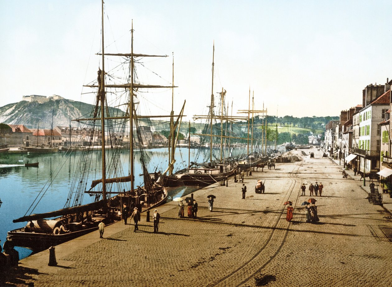 Boats Docked in Cherbourg with the Old Fort in the Background, 1890-1900 by French Photographer