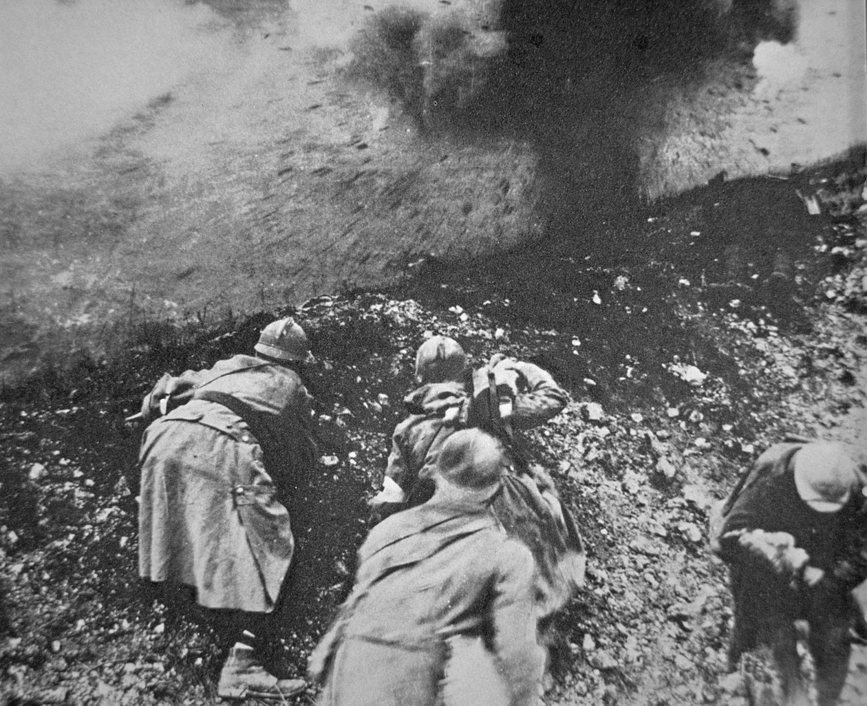 French infantry under fire from German artillery during the Battle of Verdun by French Photographer