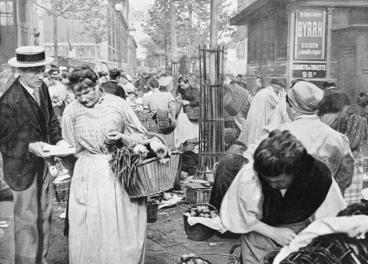 Hawker Among the Buyers and Sellers, Les Halles, Paris, 1896 by French Photographer
