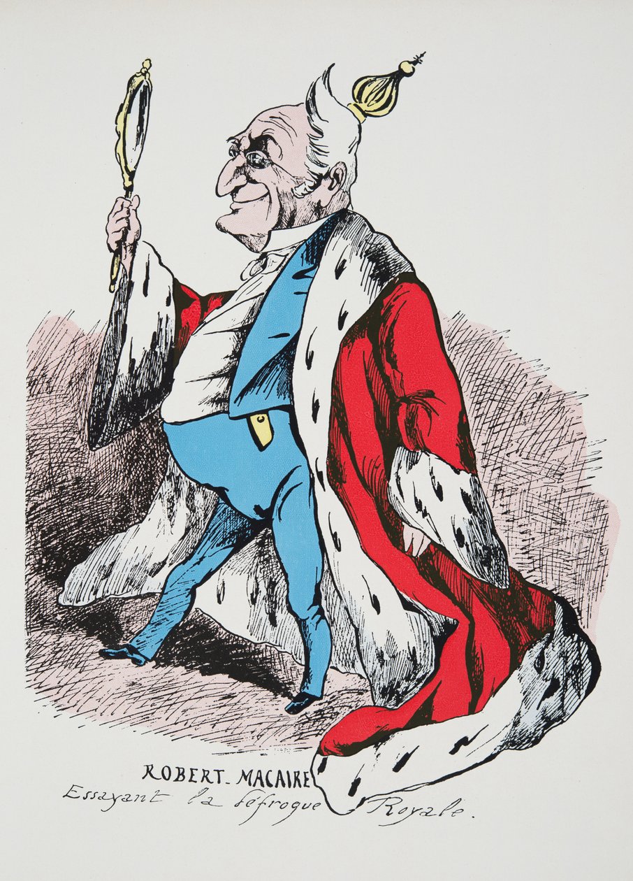Robert Macaire - trying on the Royal outfit, from History of the Third Republic, Vol. I, Political History, pub.1933 by French Photographer