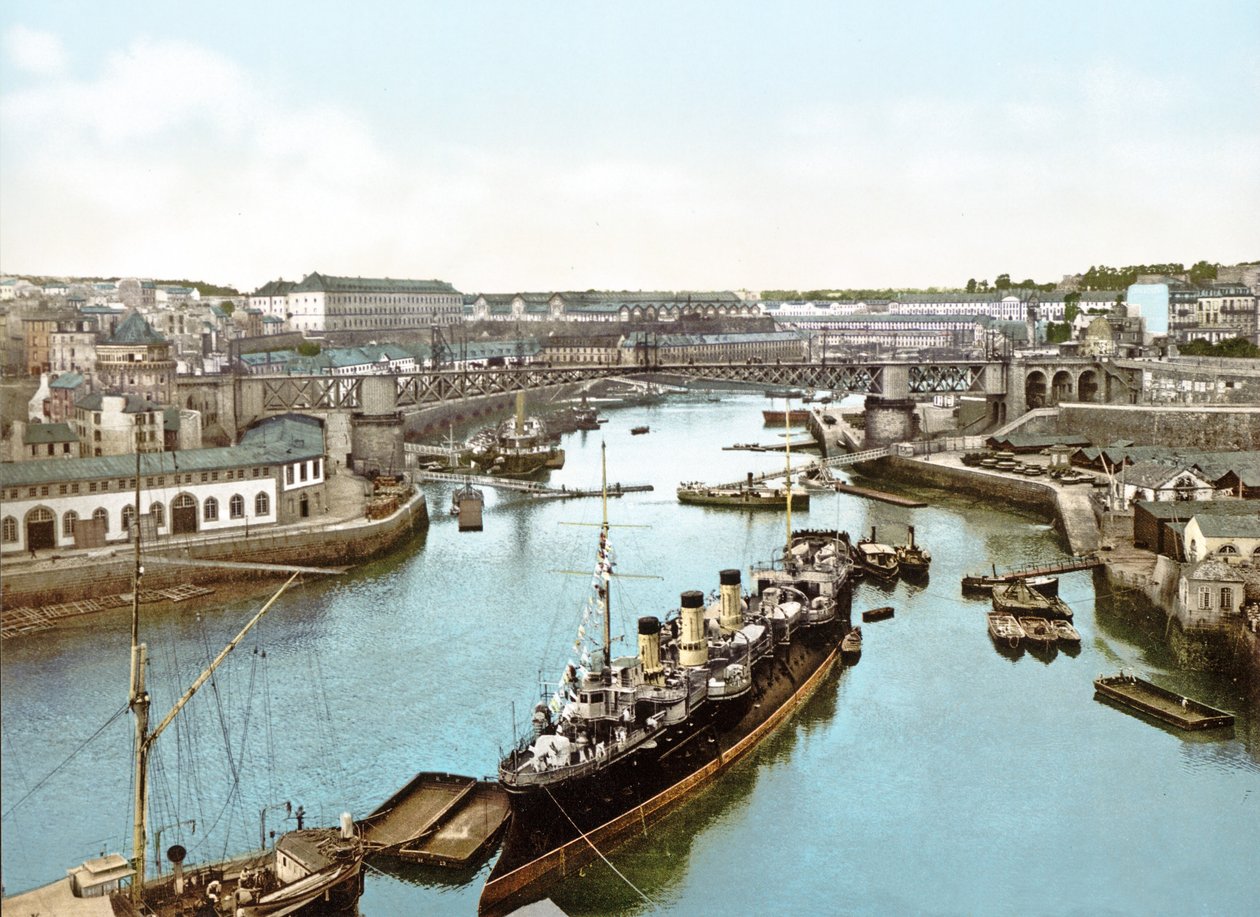 Ships Moored on the Penfeld River, Brest, 1890-1900 by French Photographer