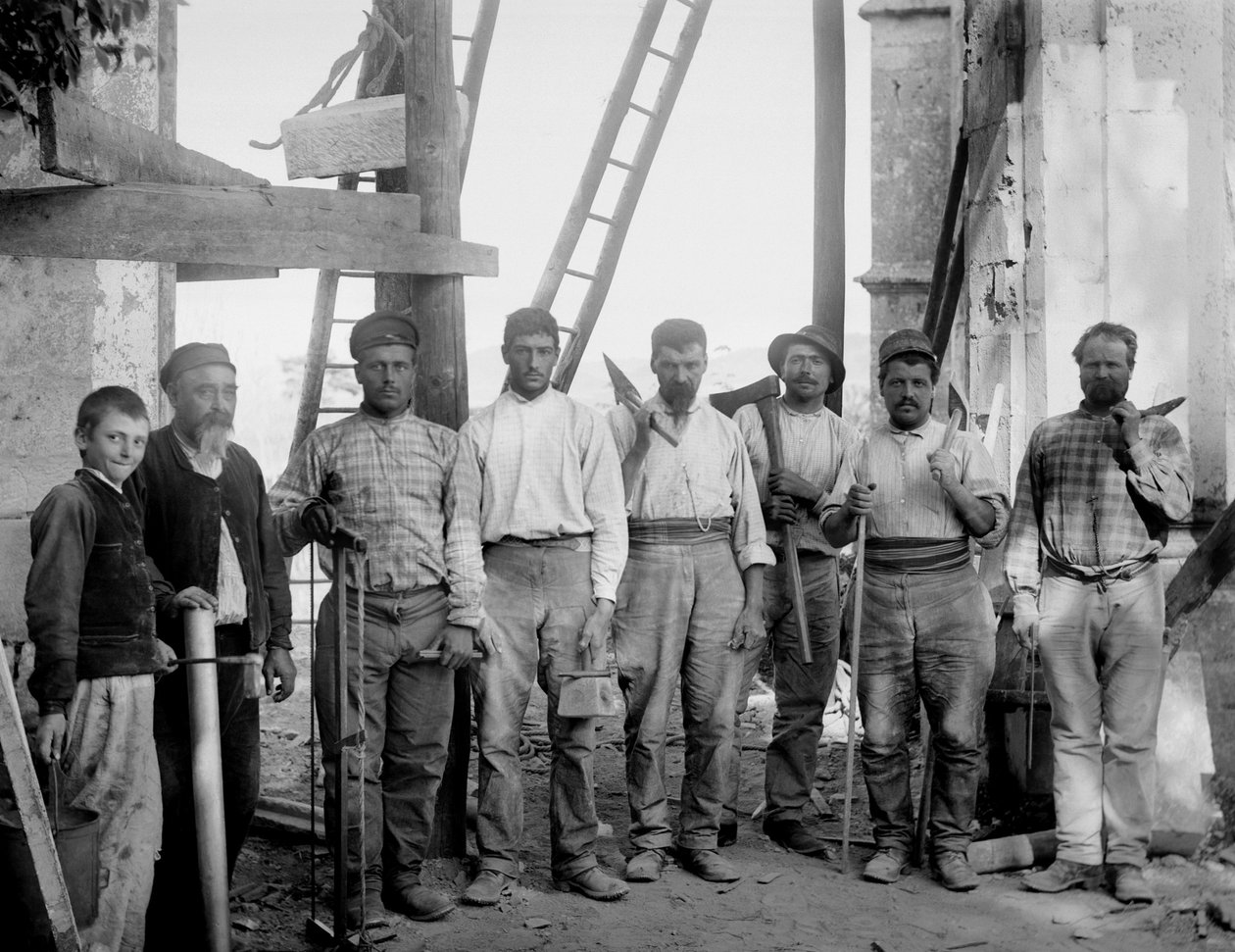 The Team of Carpenters, Working on the Restoration of the Abbey of Septfontaines, Bourmont en Haute-Marne, Posing with Their Tools, Around 1890. Photography. Ducos Collection by French Photographer