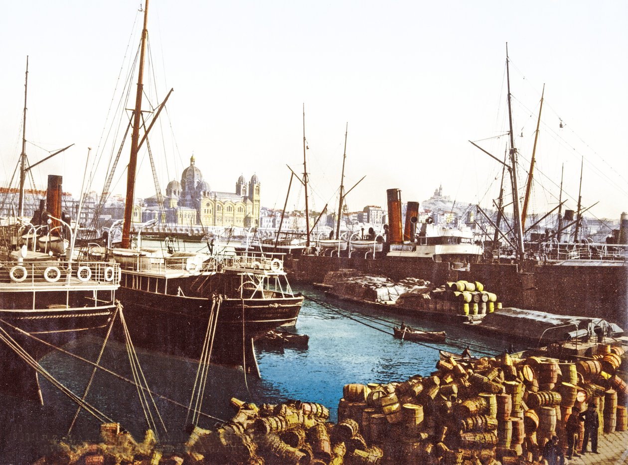 Wine Barrels and Boats at the Quayside in Marseille with Marseilles Cathedral in the Background by French Photographer