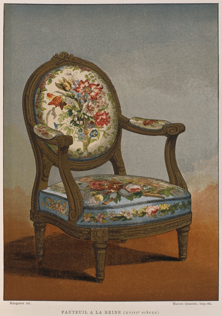 18th Century a la Reine Armchair with Flowered Tapestry (from Dictionnaire de Lameublement et de la Decoration by Henry Havard, Volume 4, Plate 29) by French School