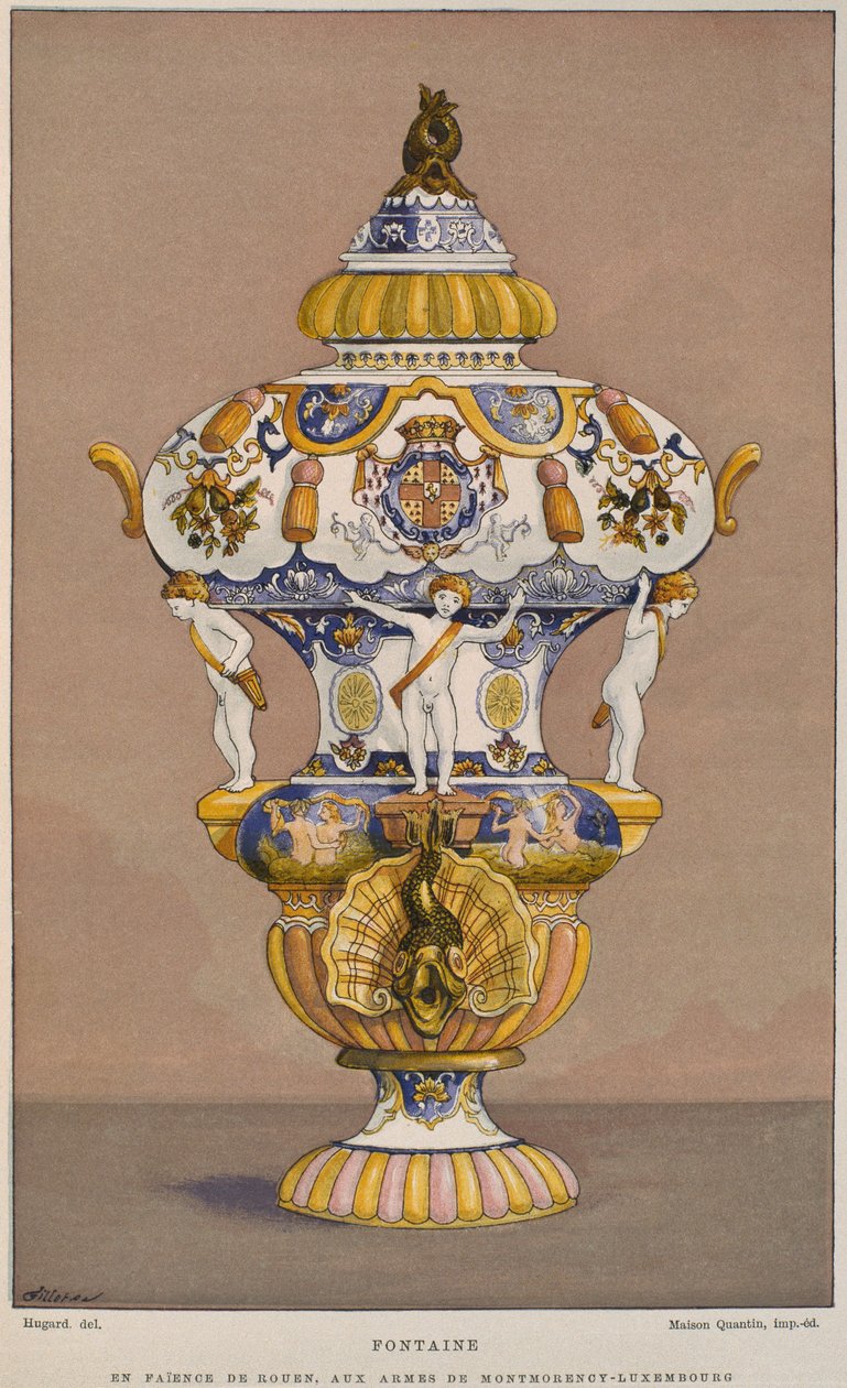 18th Century Faience Fountain with the Coat of Arms of Montmorency Luxembourg (from Dictionnaire de Lameublement et de la Decoration by Henry Havard, Volume 2) by French School