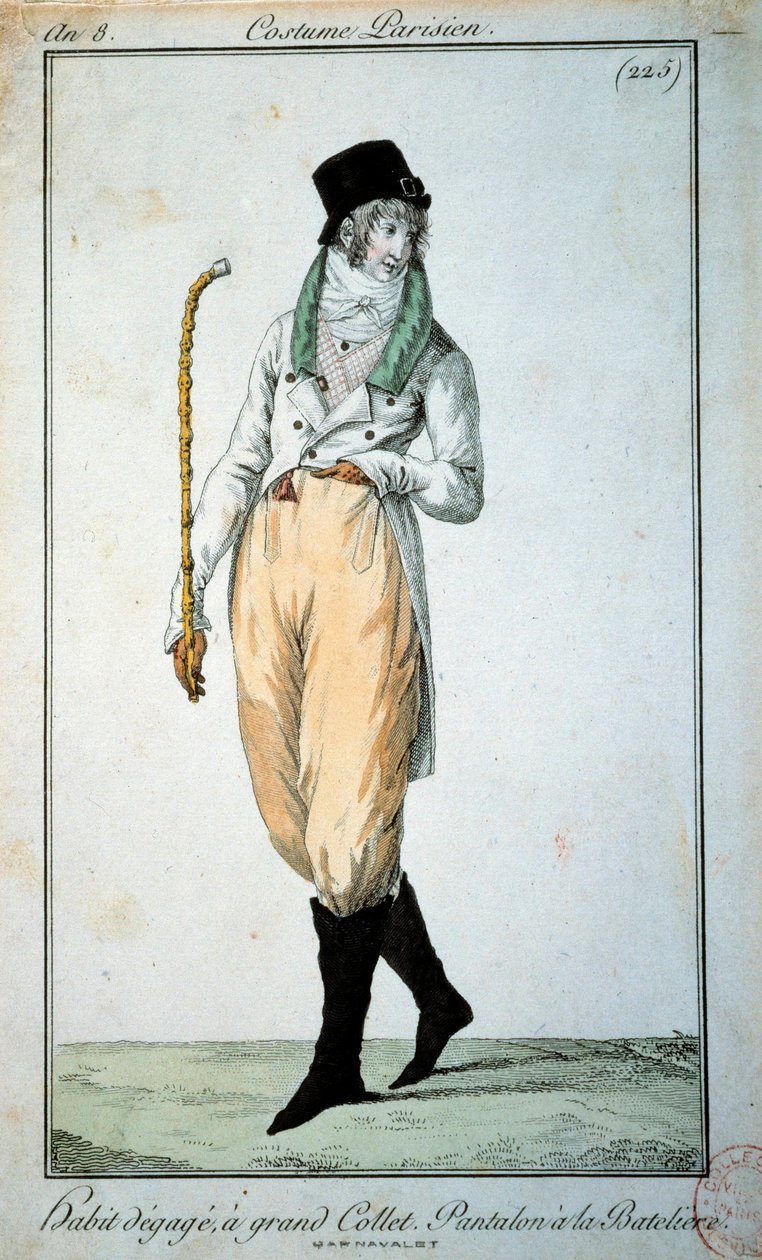 18th century fashion: Parisian suit with large collar, trousers with boats. Paris, Musee du Costume by French School