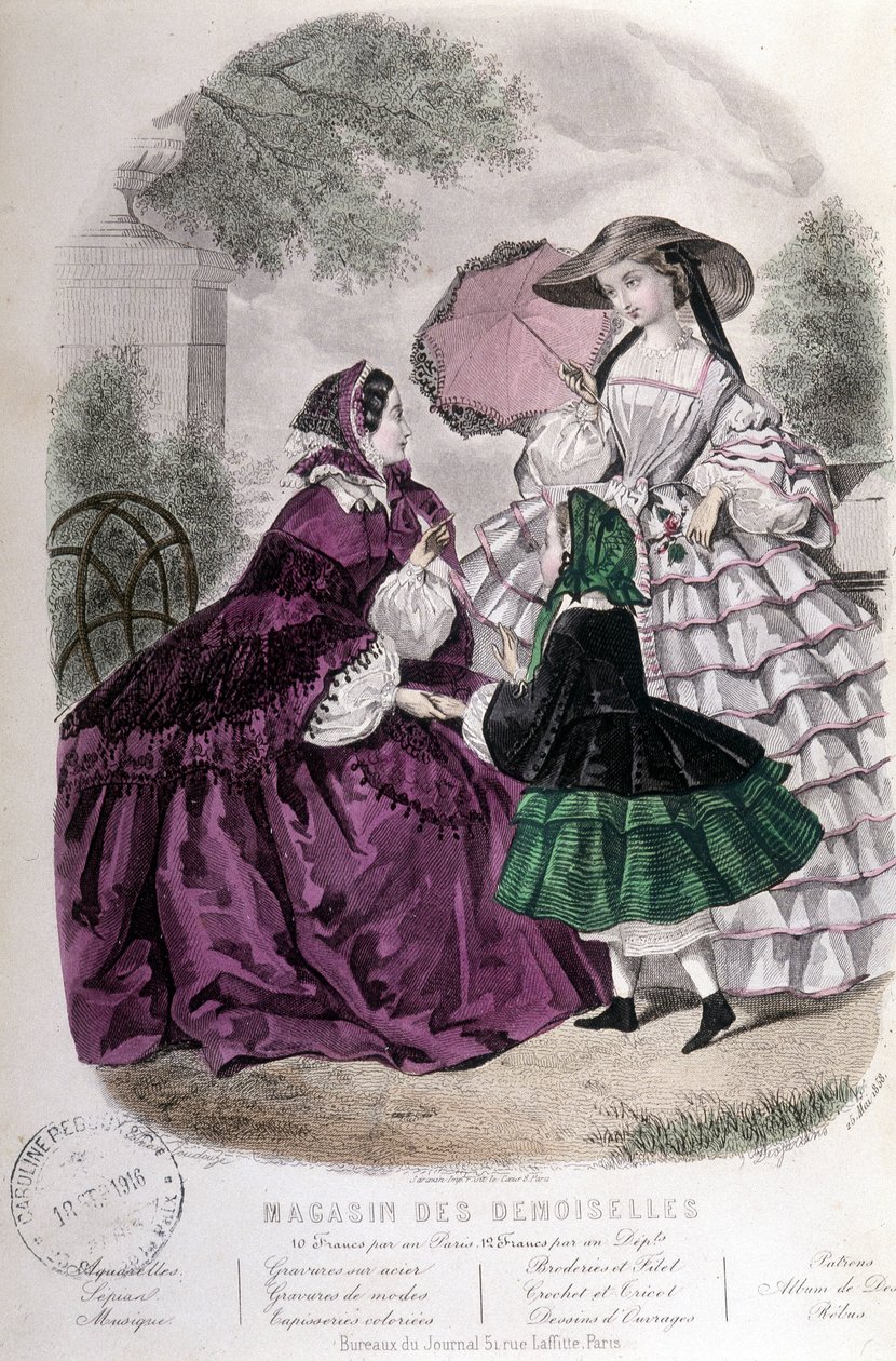 2 women and a girl: Fashion - in Magazine des damoiselles. 1858 by French School