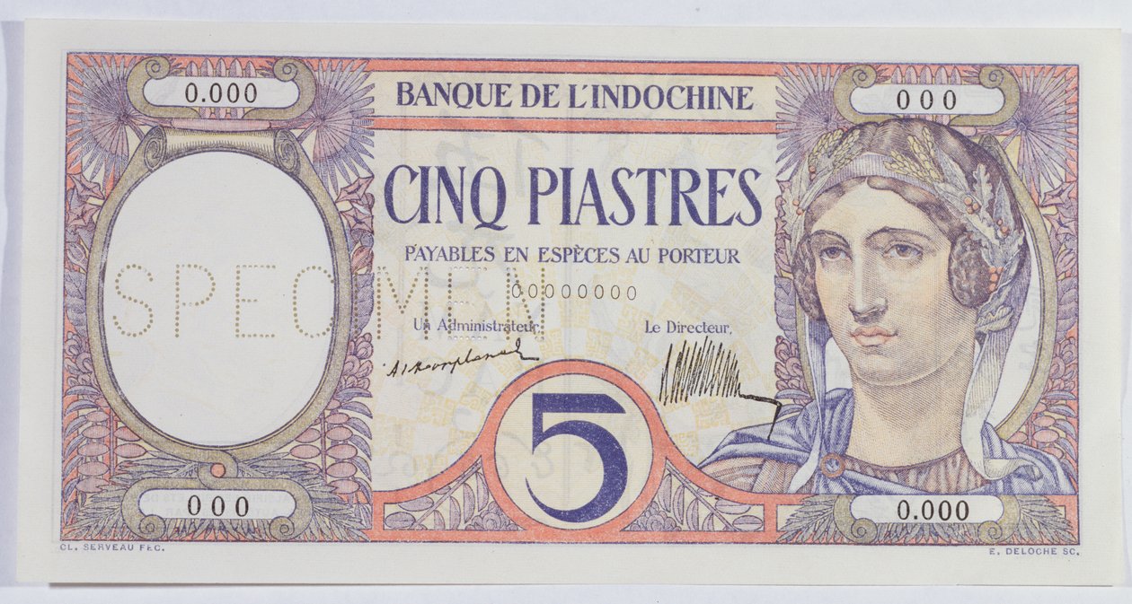 5 Piastres banknote, from the Indo-China bank by French School