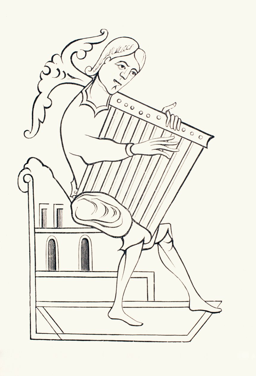 A 9th century musician playing a musical instrument known as a psalterium, from 