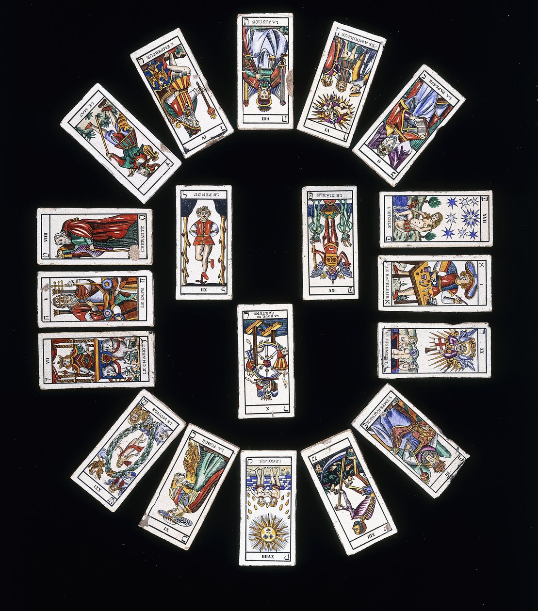 French stoneware tile panel, decorated with a deck of Marseilles Tarot cards by French School