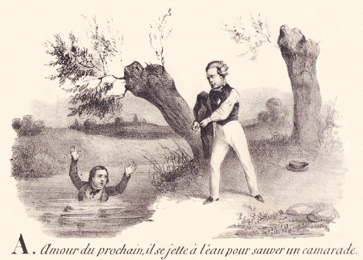 A: Love of neighbor, he throws himself into the water to save a comrade by French School