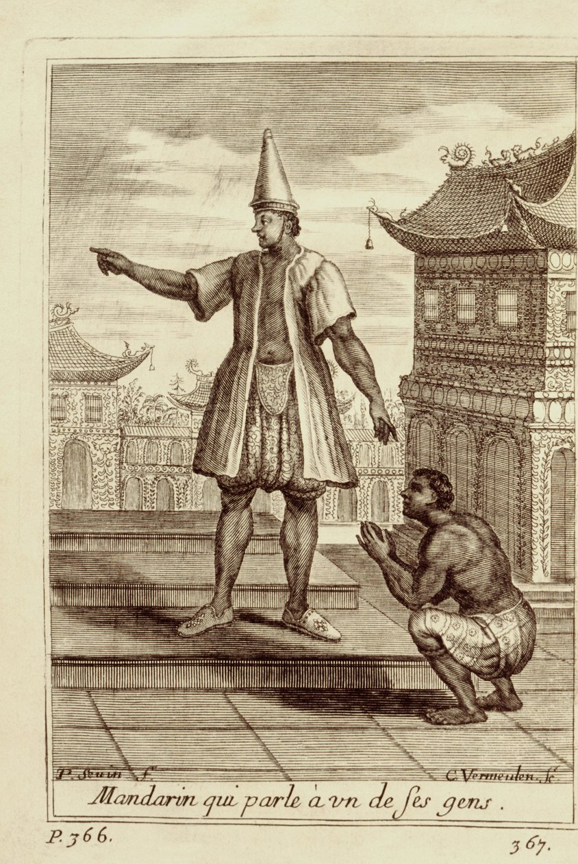 A Mandarin man talking to one of his people, from Voyage du Siam des Peres Jesuites by Guy Tachard, 1688 by French School