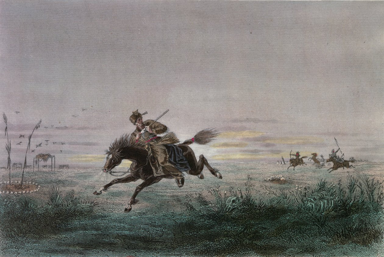 A Postman of the American Pony Express being attacked by Native Americans by French School