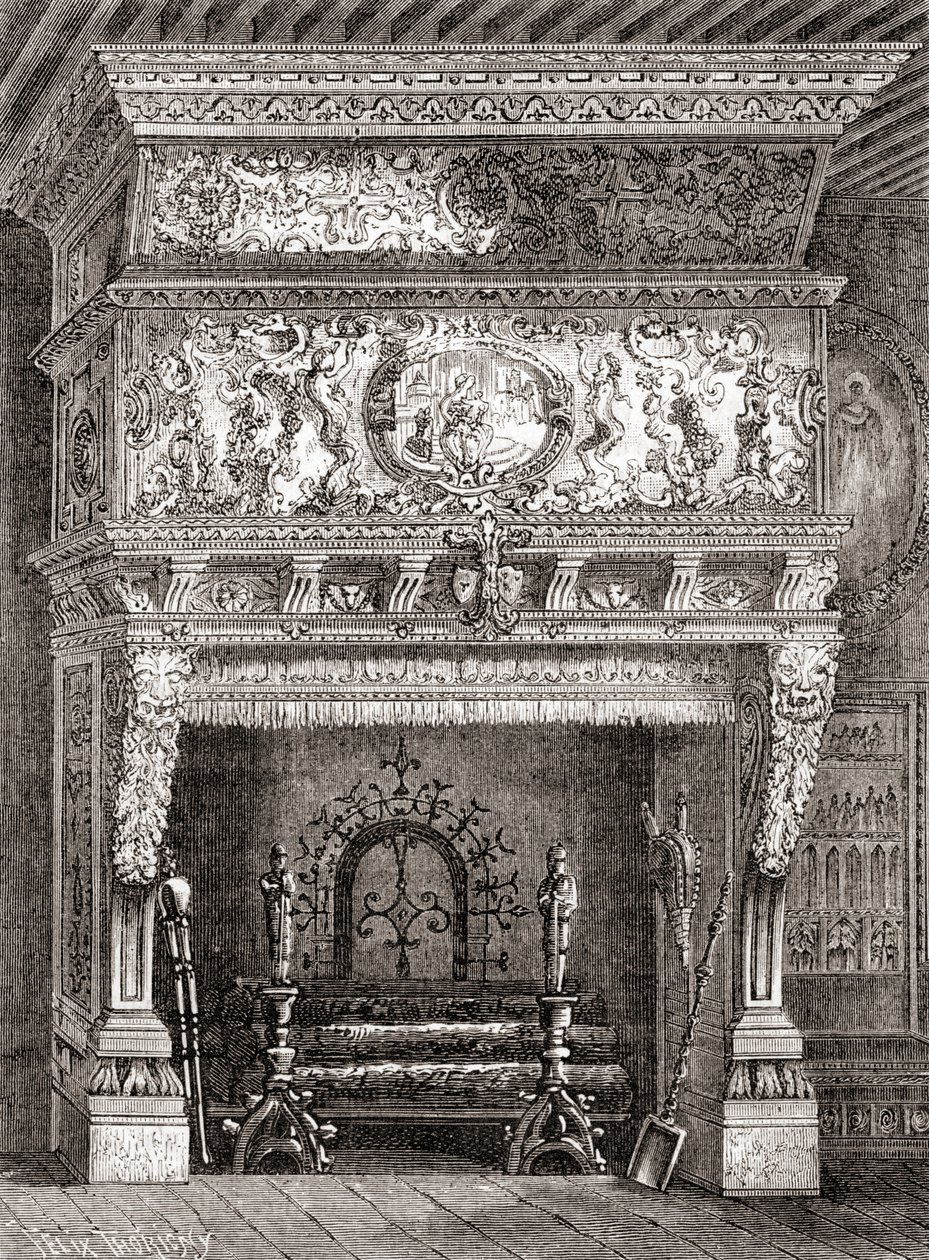 A Renaissance fireplace in The Cluny Museum, Paris, France, from 
