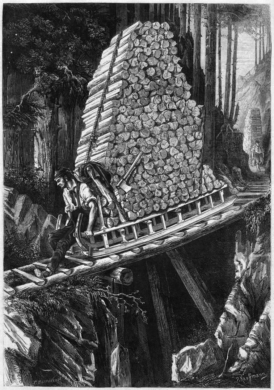 A Schlittes road (wooden sleigh used for the descent of the wood in mountainous regions). Hochwald in the Vosges by French School