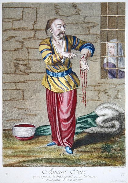 A Turkish lover piercing his arm before his mistress to give proof of his love, from the 