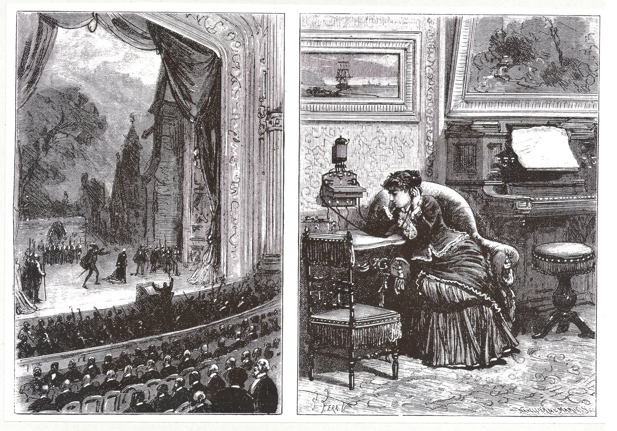 A Woman listening to an opera performance in her own home by means of the Ader-Bell telephone and Ader