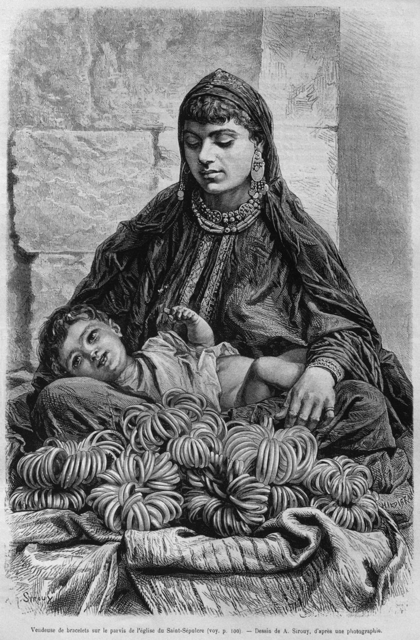 A bracelet seller near the Church of the Holy Sepulchre, from La Syrie daujourdhui. Voyages dans la Phenicie, le Liban et la Judee. 1875-1880 by Louis Charles Emile Lortet, 1884 by French School