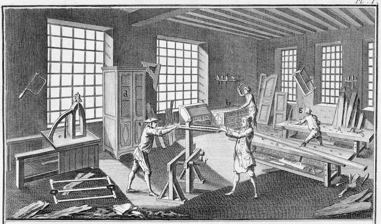 A cabinet makers workshop, from the Encyclopedie des Sciences et Metiers by Denis Diderot published c.1770 by French School