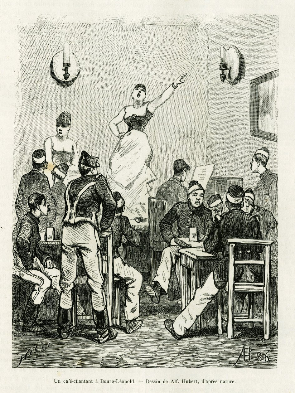 A Cafe Singing in Bourg Leopold. Engraving by A. Hubert to illustrate the story La Belgique, by Camille Lemonnier, in Le Tour du Monde 1886, directed by Edouard Charton, Hachette, Paris by French School